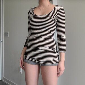 Stripe 3/4 Sleeve Back Lace-Up Vintage Slim Top